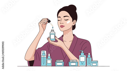 Young woman applying facial serum with dropper from bottle surrounded by various skincare products and bottles on white background illustration