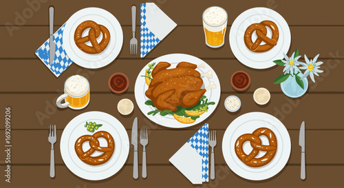 A charming flat design illustration of a traditional Bavarian table setting, complete with festive food, beer, and decorations for an Oktoberfest feast.