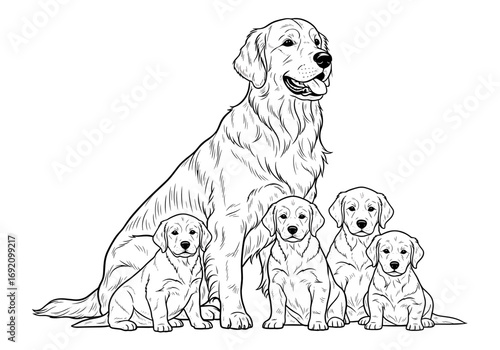 Adult Golden Retriever sitting proudly with four adorable puppies, showcasing family bond and love