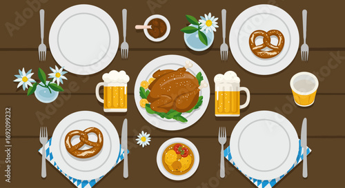 A charming flat design illustration of a traditional Bavarian table setting, complete with festive food, beer, and decorations for an Oktoberfest feast.