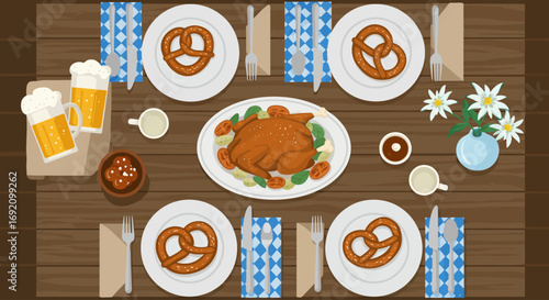 A charming flat design illustration of a traditional Bavarian table setting, complete with festive food, beer, and decorations for an Oktoberfest feast.