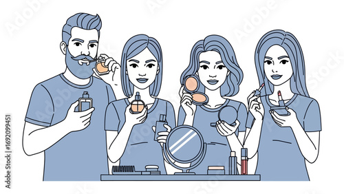 Diverse group of people including a man and three women applying makeup and skincare products together in a fun collaborative beauty session