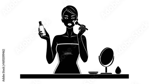 Stylish silhouette of a woman applying facial toner with a cotton pad in front of a mirror demonstrating a skincare routine