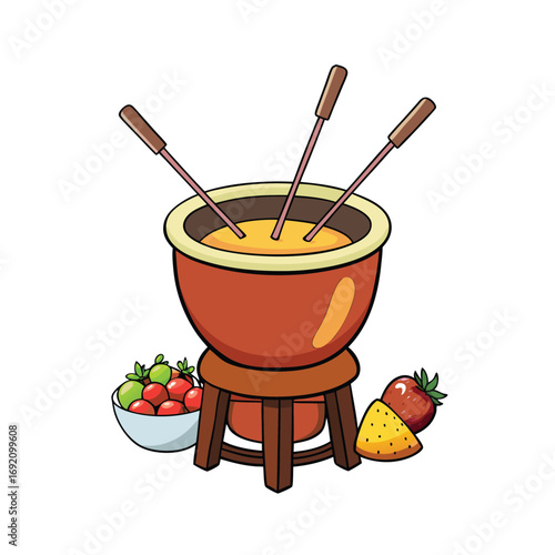 Delicious chocolate fondue pot with assorted fruits and skewers for sweet indulgence
