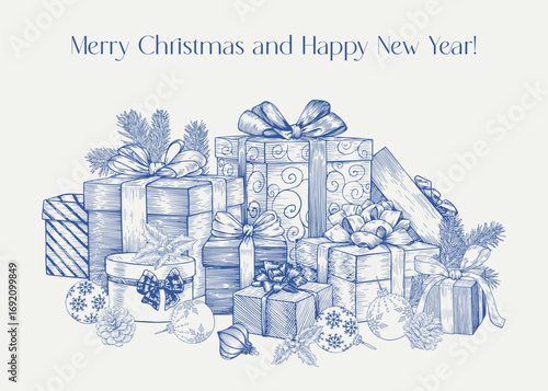 Vintage Christmas and Happy New Year illustration with gifts boxes, balls, toys, fir branches, holly. Blue beige. Hand drawn engraved Vector background for design holiday decor, greeting card, poster