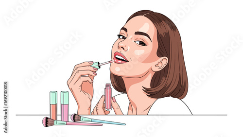 A beautiful young woman with short brown hair applying lip gloss with a wand surrounded by makeup products creating a glamorous look