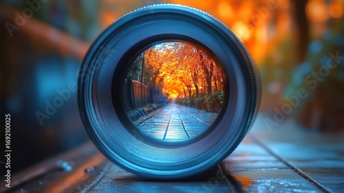 A camera lens capturing the reflection of a beautiful autumnal pathway lined with trees and golden leaves