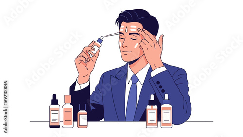 Modern businessman applying facial serum with dropper to his forehead and temples for skincare routine and self care