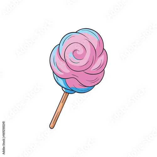 Vibrant cotton candy swirl on a stick with a clean white background for sweet treat designs