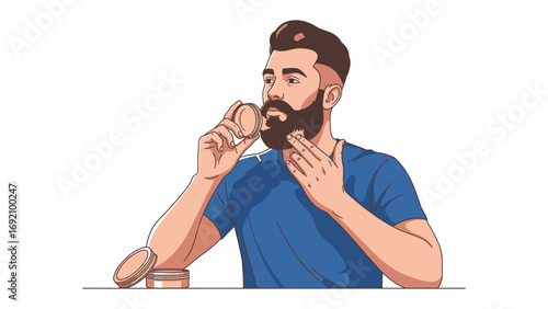Stylish bearded man with modern haircut applying beard balm or wax for grooming and styling his facial hair