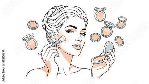 Elegant woman applying makeup with a brush to her face surrounded by various cosmetic compacts and powders in a stylish illustration