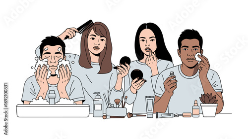 Diverse group of young adults applying makeup and skincare products in a fun and expressive illustration style