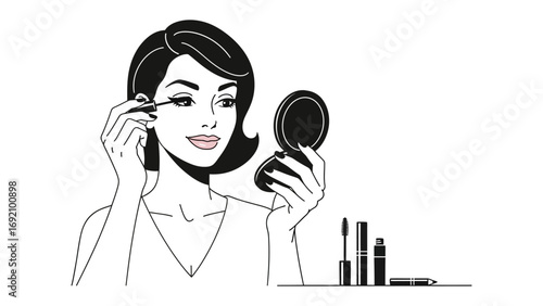 Elegant retro woman applying mascara to her eyelashes with a compact mirror in a vintage pop art illustration style