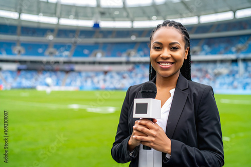 Wallpaper Mural African American woman sports reporter holding microphone in sports stadium. Torontodigital.ca