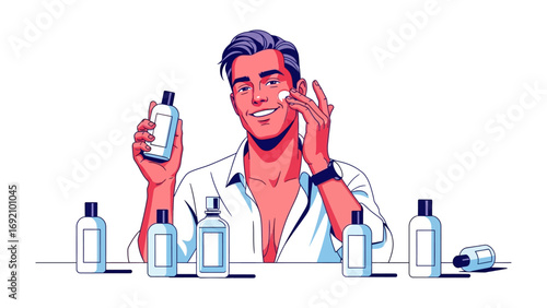 Vibrant illustration of a smiling man applying skincare product to his face surrounded by various bottles of beauty and cosmetic treatments