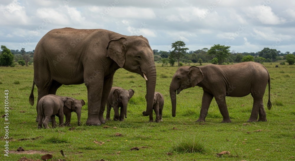 Fototapeta premium Elephant Family with Calves Grazing in African Savannah