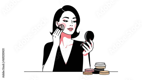 Elegant woman applying makeup with a compact mirror showcasing beauty and personal grooming routine with cosmetic products nearby