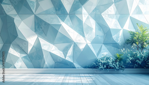 淡いブルーの幾何学模様と植物が調和するインテリア空間