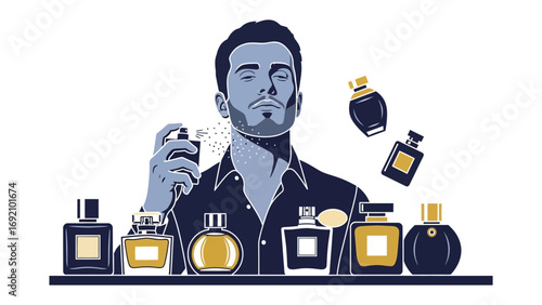 Stylish man with a beard applying cologne with multiple perfume bottles displayed in front and floating around him