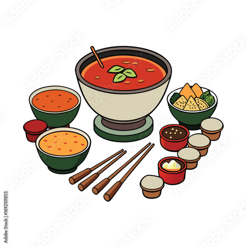 Delicious hot pot ingredients and savory dipping bowls for culinary creations