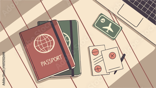 International Travel Planning Flat Lay Illustration with Passports, Visa Documents, Luggage Tag, and Laptop on Desk
