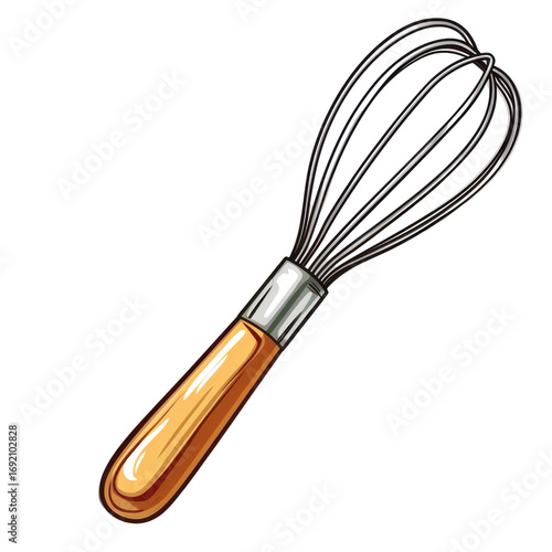 Whisk with wooden handle resting against white background in a creative kitchen setting