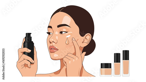 Close up of a woman applying liquid foundation with a pump bottle to her face for a flawless complexion and even skin tone