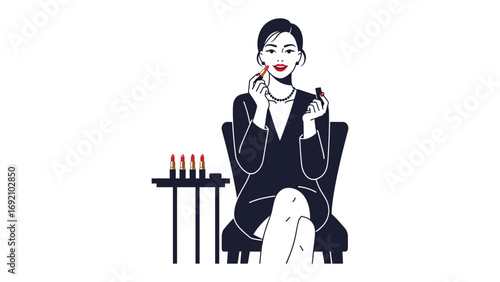 Elegant woman applying vibrant red lipstick with a focused expression while sitting elegantly in a chair with makeup products nearby