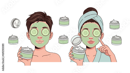 Two people enjoying a relaxing spa day at home applying green clay face masks and cucumber slices to their eyes