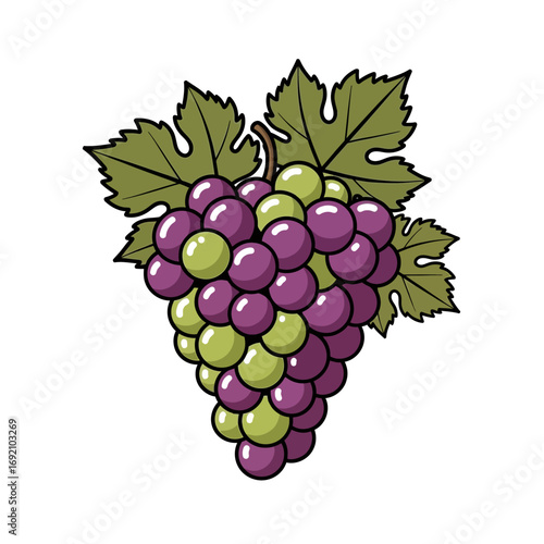 Cartoon Grape Cluster with Green Leaves and Purple Berries