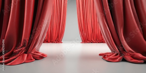 Red theater curtains open to a stage