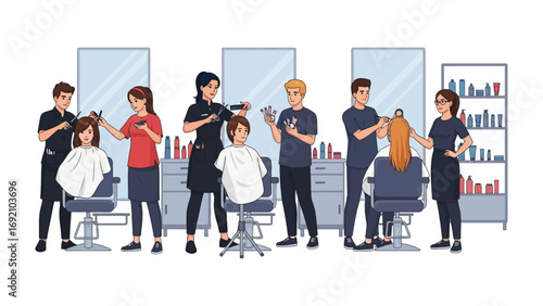 Diverse group of professional hairstylists working together in a modern brightly lit salon with mirrors and styling stations
