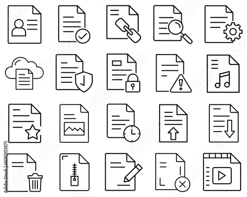 Set of document icons in minimal line art style for web design  