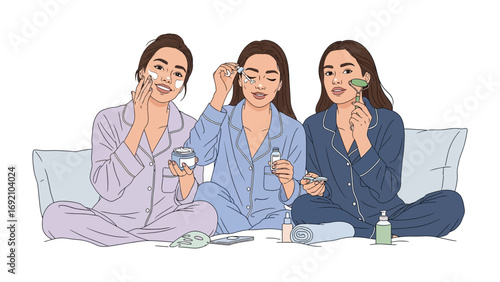 Three young women in pajamas applying skincare products together during a cozy sleepover or spa night at home