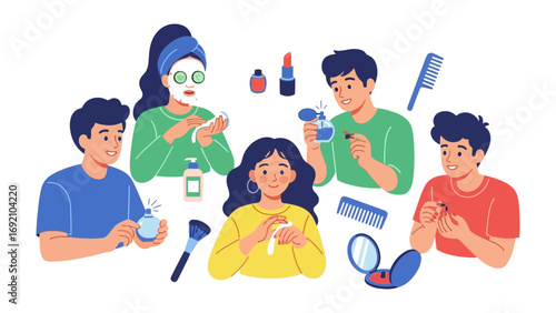 Diverse group of young adults applying makeup and skincare products together in a fun and casual beauty routine session