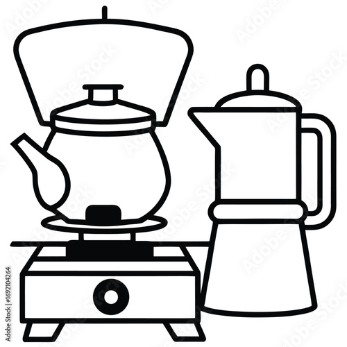 Kettle and Coffee Maker on a Stove Top Line Art Keywords: cooking, kitchen, stove, kettle, coffee maker