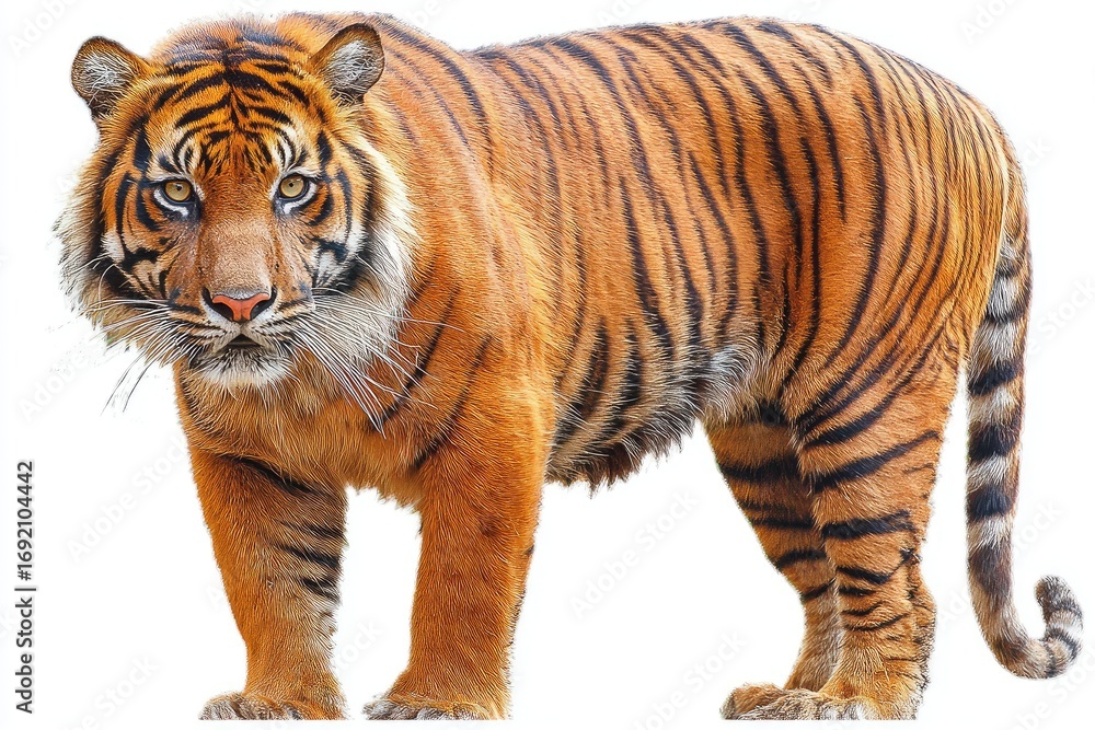 Naklejka premium Full shot of a tiger, orange and black stripes, alert stance
