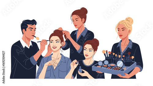 Diverse group of makeup artists applying cosmetics to models in a professional beauty salon or studio setting with white background