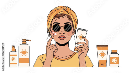 Stylish young woman with sunglasses and towel on head applying sunscreen lotion to her face surrounded by sun protection products
