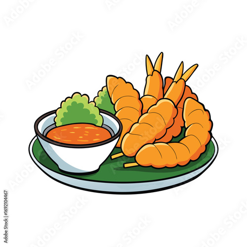 Delicious japanese tempura shrimp with savory dipping sauce illustration