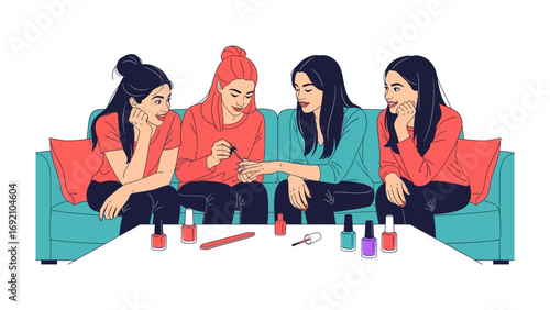 Four young women friends sitting on a sofa applying nail polish to each other s fingernails during a casual get together at home