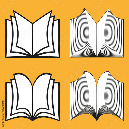 Paperback book icon. Opened knowledge symbol. Vector education emblem. Set of reading documents. EPS 10.