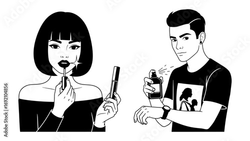 Stylish young woman with dark bob haircut applying lipstick while a handsome man with slicked hair checks his watch in a bold black and white illustration