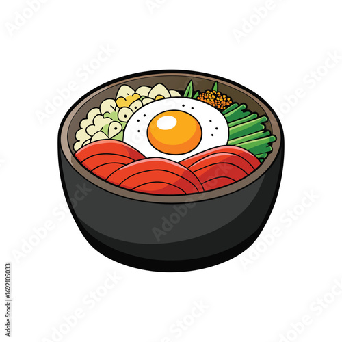 Vibrant korean bibimbap bowl with fresh vegetables and a sunny egg illustration