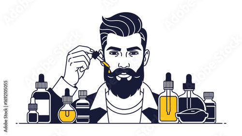 Stylish bearded man applying beard oil from dropper bottle surrounded by various essential oils and grooming products for men s skincare