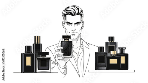 Stylish man holding a perfume bottle surrounded by luxurious fragrance bottles in a sophisticated artistic sketch illustration