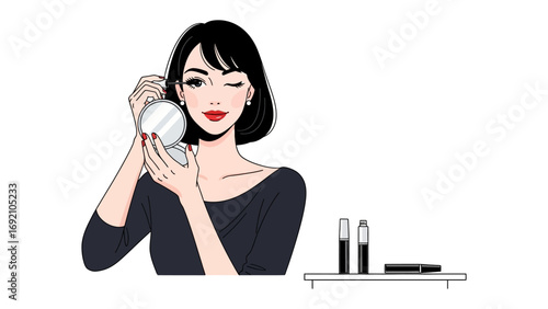 Elegant woman with dark hair applying makeup with a compact mirror and brushes on a white background showcasing beauty and self care routines