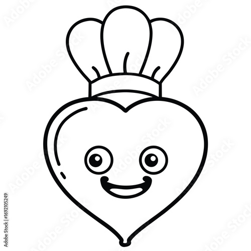 Line Art of Heart Shaped Radish Character with Chef Hat and Smiling Face cartoon