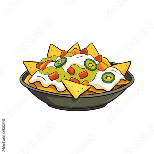 Appetizing loaded nachos with cheese jalapenos and sour cream advertising banner design