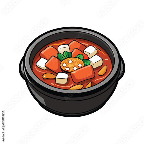 Delicious korean kimchi stew with pork tofu and fresh garnishes illustration